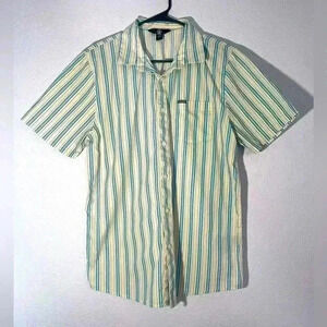 VOLCOM Mens Button Down Shirt Size L Warbler Woven Short Sleeve Cream Aqua